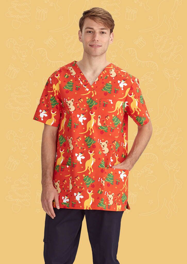 Mens Christmas V-Neck Short Sleeve Scrub Top